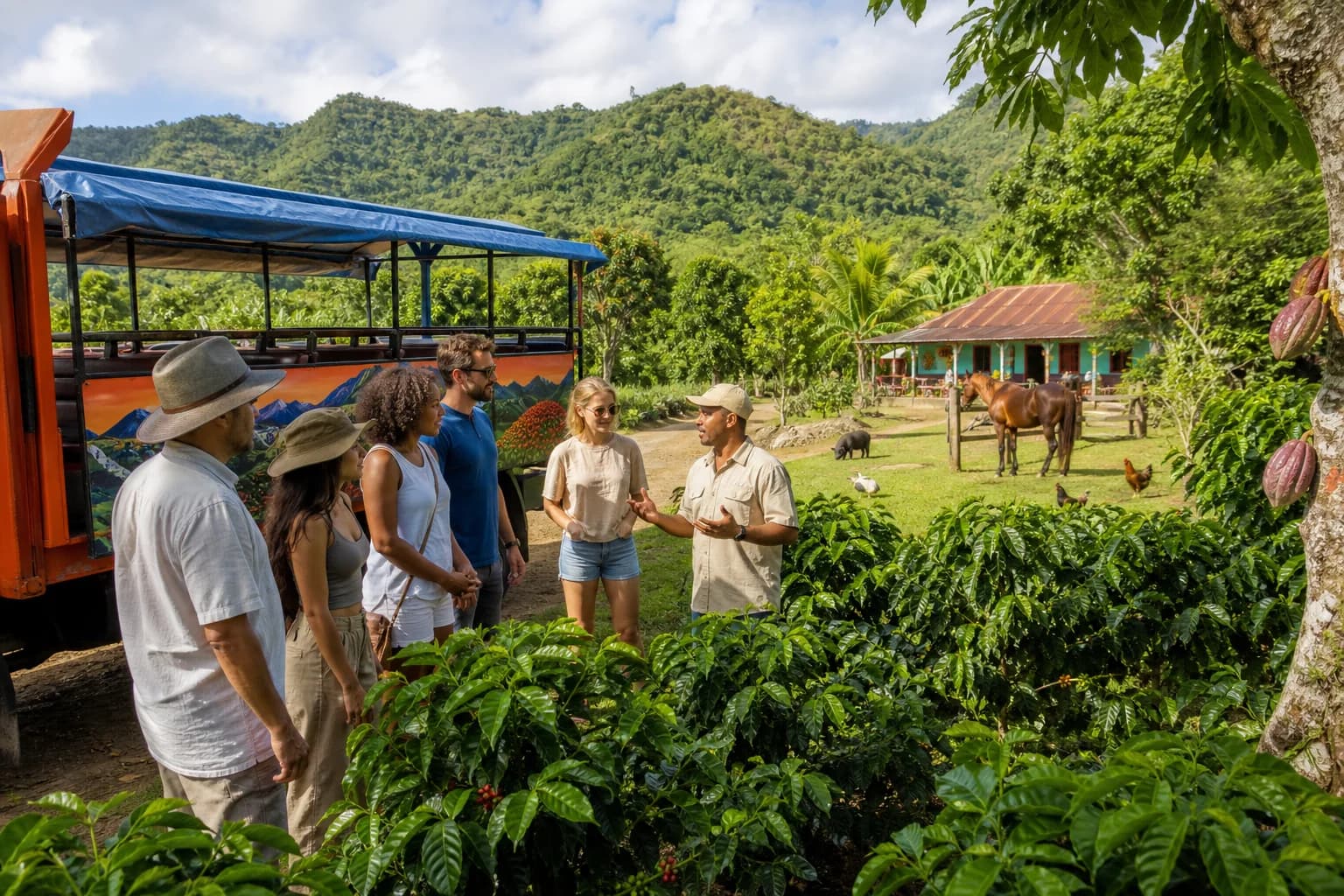 Guided Dominican countryside safari beside coffee plants and an open-air truck