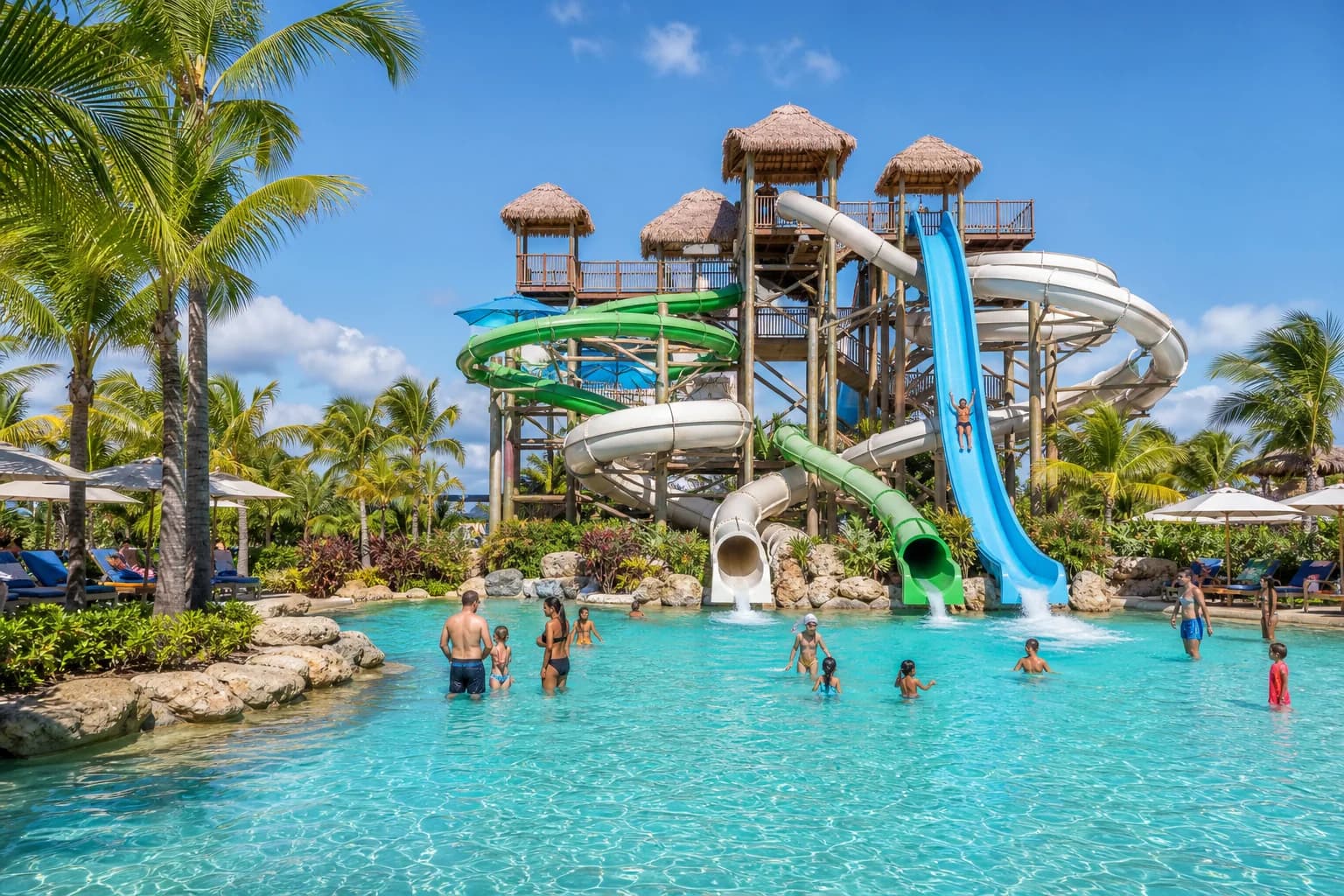 Tropical Punta Cana water park with tall slides, turquoise pools, and palms