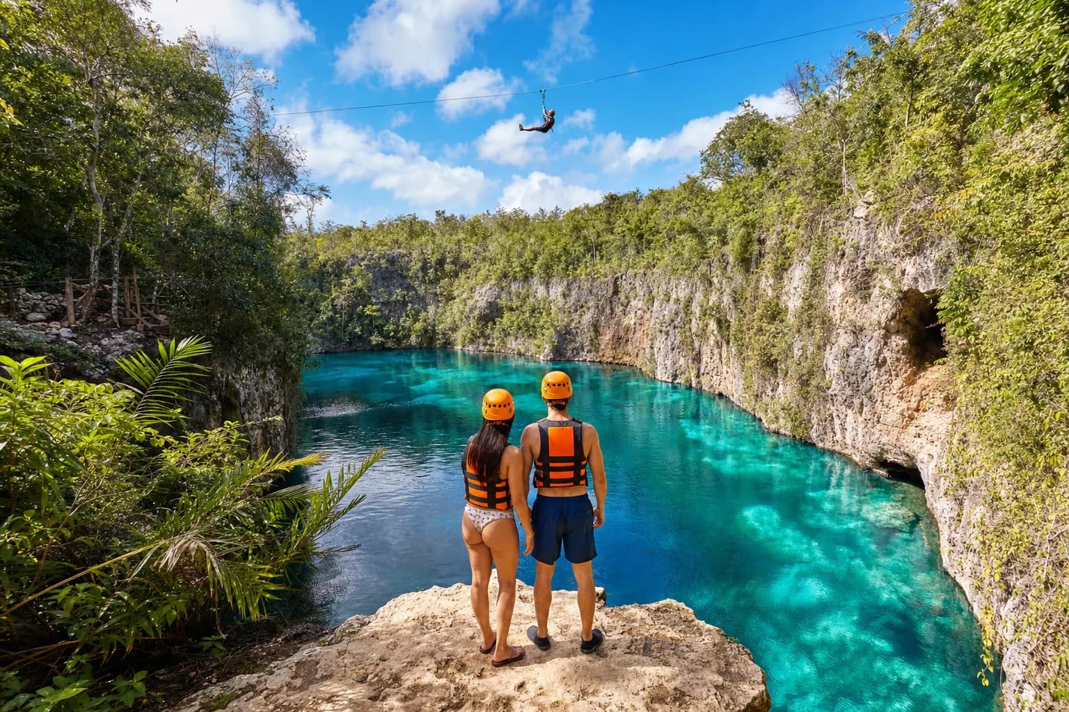 Tropical adventure park with a clear cenote, limestone cliffs, and zipline