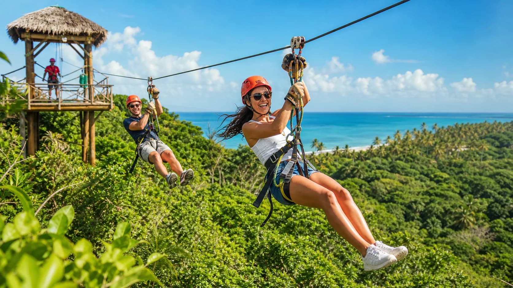Traveler gliding on a zipline through tropical Dominican Republic scenery